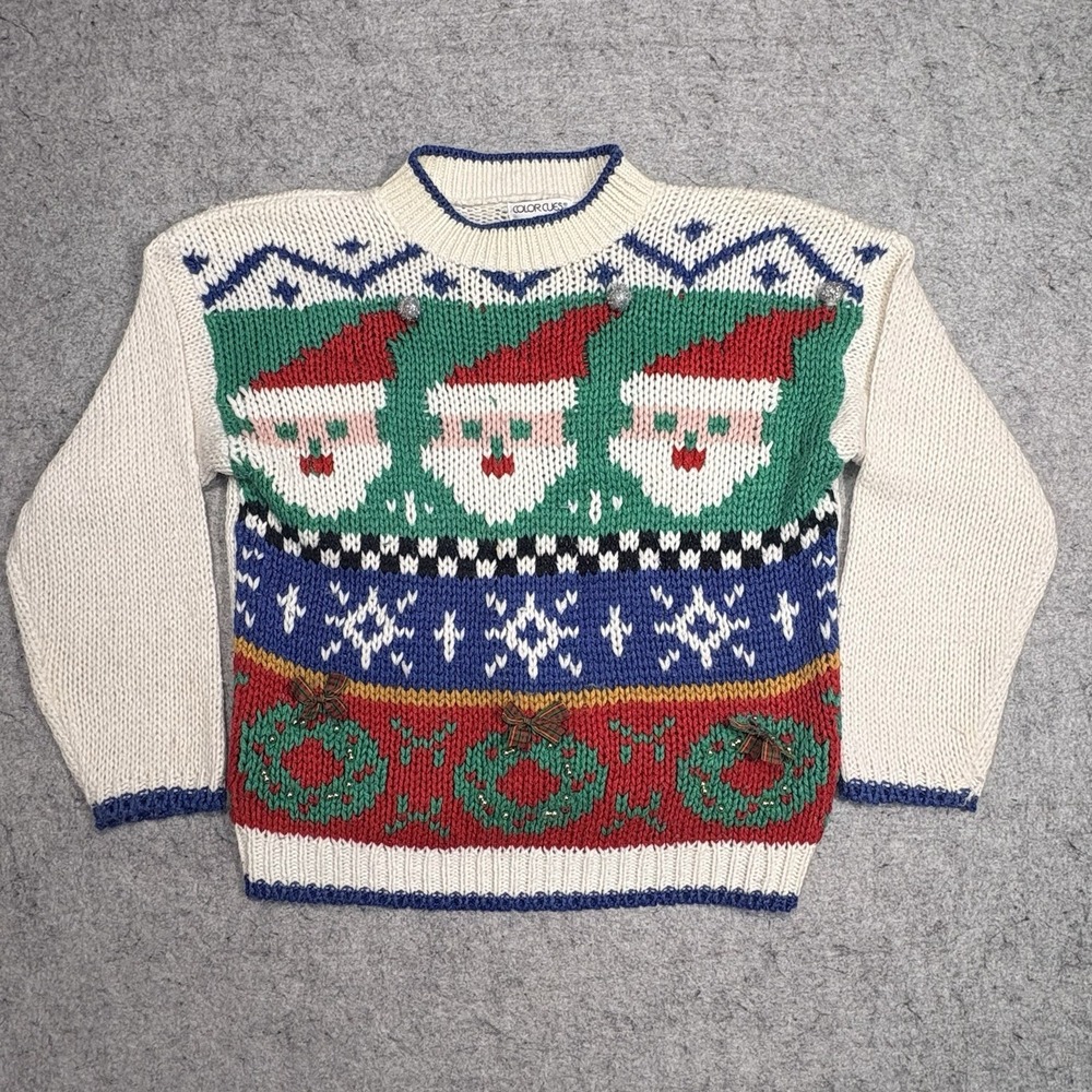 Colorcues Womens L Santa Christmas Sweater Wreath Beaded Ugly Vintage 90s